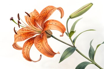 Orange Tiger Lily Flower with Bud and Green Leaves on White Background Keywords: tiger lily, orange