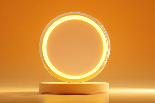 Illuminated Neon Ring Displayed on Modern Circular Podium Background.