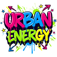 Vibrant graffiti lettering with colorful paint drips and dynamic arrows, symbolizing the creative pulse and energy of modern city culture, urban energy vector design