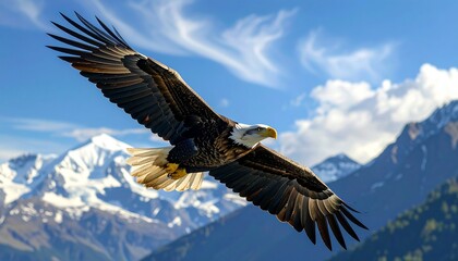 Majestic bald eagle soaring with wings outstretched against a breathtaking backdrop of snow-capped mountains and a vivid blue sky