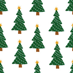 Christmas festive vector seamless pattern with hand drawn decorated cutie Christmas trees.