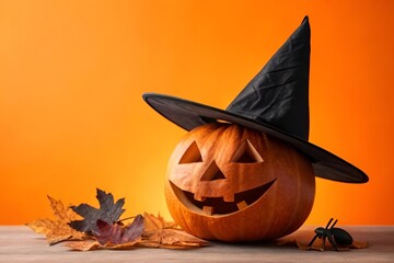 Photo-Realistic Halloween Jack-O’-Lantern Pumpkin with Black Witch Hat on Orange Gradient Background