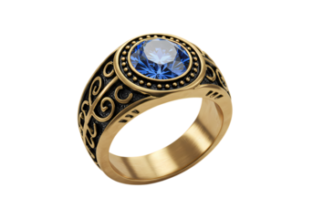 Mens Blue Sapphire Class Ring Antique Gold Design Jewel Detail isolated on transparent background