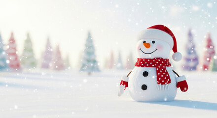 Obraz premium Adorable smiling snowman wearing a red santa hat and scarf in a snowy winter forest