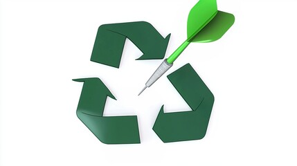 Green dart hitting bullseye featuring recycling symbol, representing environmentally friendly and sustainable development in simple vector clip art style.