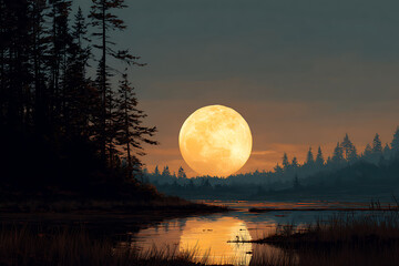 Luminous Full Moon Rising Over a Serene Forest Lake at Dusk