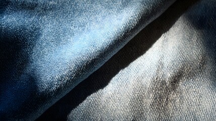 Close up of light blue denim fabric with shadows and highlights textile