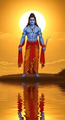 Lord Ram Digital Painting Artwork: Majestic Hindu Deity by Water Reflection at Sunset