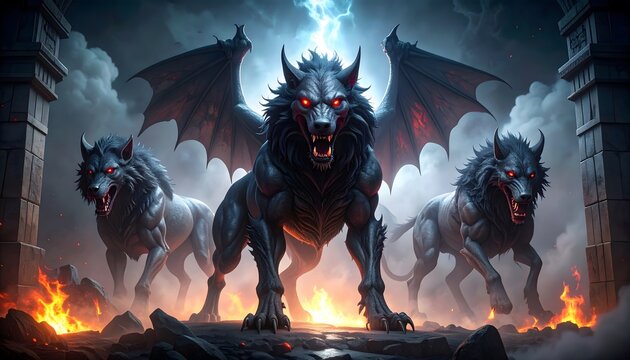 Winged Demon Wolves with Glowing Eyes Amidst Fire and Lightning