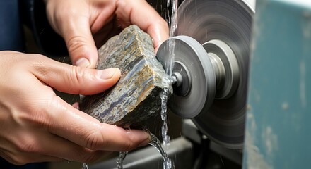 Hands shaping rough stone with water and grinding wheel