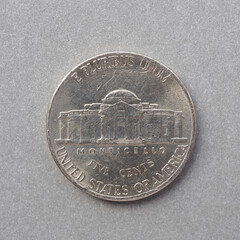 5 cent coin reverse showing Monticello, currency of the USA