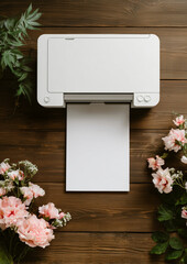 Top view of a compact white printer on a rustic wooden table with blank paper emerging, surrounded by pink flowers and green foliage, creating a cozy creative workspace.