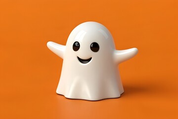 3D Rendering of Cute White Ghost Figure with Smiling Face on Vibrant Orange Background