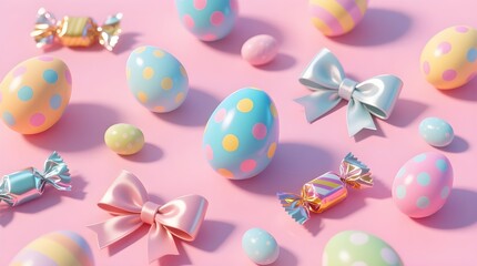 Colorful Pastel Easter Eggs and Candy on a Pink Background