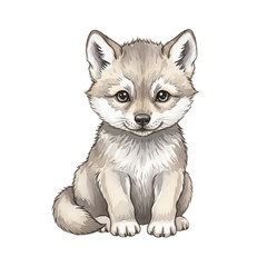 Obraz premium A cute, illustrated wolf pup with soft fur, large eyes, and a playful expression, sitting down adorably.