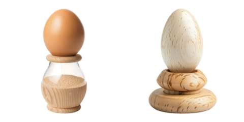 Conceptual image of egg timer with egg wooden sculpture of egg