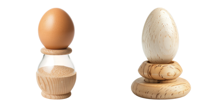 Conceptual image of egg timer with egg wooden sculpture of egg