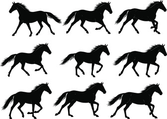 Horse silhouette vector set, galloping horse illustration, wild stallion running, black horse clipart, equestrian design, nature animal icon, dynamic horse pose