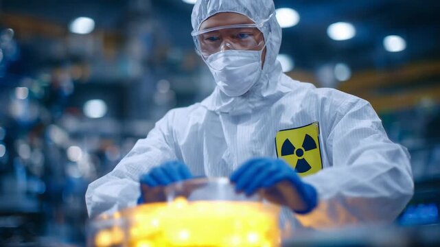 A hazmat technician manages radioactive materials in a transparent containment chamber, surrounded by glowing hazard labels and environmental sensors in a sterile white lab.