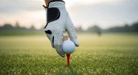 Golfer's gloved hand places a white golf ball on a red tee, set on a dew-kissed green course at sunrise, ready for a swing.