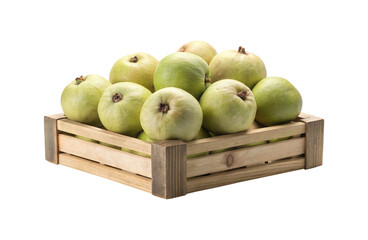 Fresh organic green guavas piled in a wooden crate on white backdrop