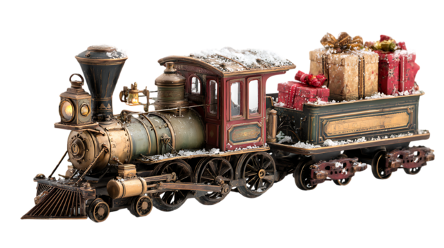 Christmas train with gifts isolated on transparent background .