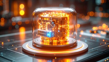 Small modular reactor with futuristic glowing components.