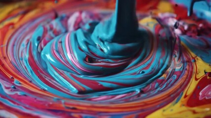 Pouring Blue Paint Creating Colorful Swirls Mixing with Other Paints - Powered by Adobe