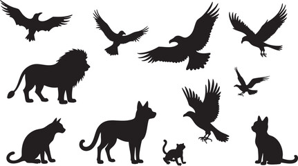 Obraz premium Silhouettes of birds of prey, cats, and a lion Keywords: animal, silhouette, eagle, hawk, falcon