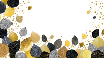 Gold Silver Glitter Leaves on Black Background