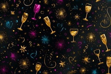 Seamless festive pattern celebrating new year's eve with fireworks and champagne flutes