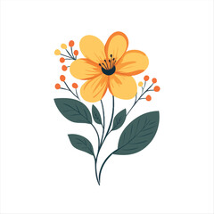 Vibrant yellow flower bouquet design with dark green leaves and small berries