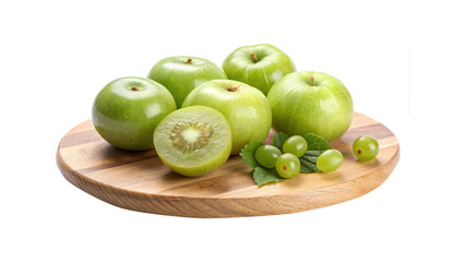 Fresh green apples and grapes beautifully arranged on a round wooden board