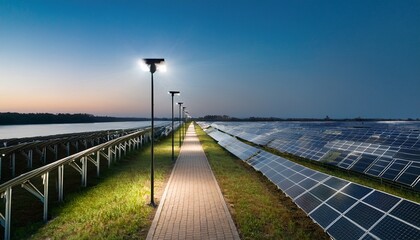 Obraz premium solar powered streetlights lining a pathway capturing the application of solar tech in public spaces