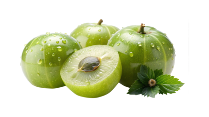 Fresh Indian gooseberries whole and halved with water droplets on a white background