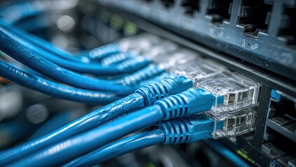 Close up view of blue ethernet cables plugged into network switch ports for data connectivity.