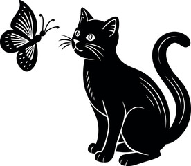 Obraz premium Curious black cat stares intently at a fluttering butterfly in a whimsical artistic rendering