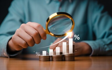 Magnifying glass over stacked coins and upward trending bar graph representing financial growth and investment returns