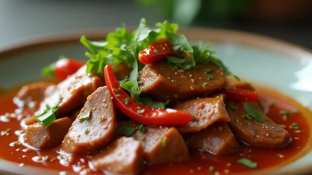 4k video slow motion, Eating spicy liver salad with fresh chili herbs, spices, Thai food. homemade stir-fried pork liver with spicy sauce on plate, Asian food style