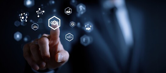 Businessman interacting with VCI digital network interface technology.