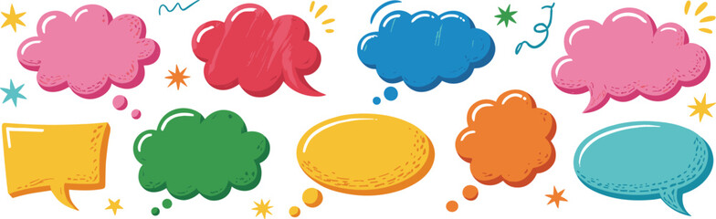 Colorful cartoon thought bubbles, hand drawn doodle speech balloons, playful comic style text clouds, creative design elements for illustrations