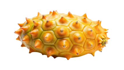 Studio shot of a spiky African horned melon, a vibrant exotic fruit