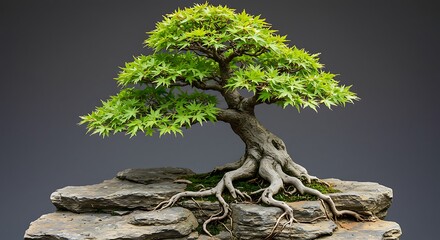Intricate Bonsai on Rocky Plateau, Vivid Green Foliage, Artistic Arrangement