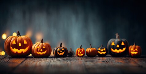 Spooky Halloween Pumpkins Glowing on Rustic Wooden Table.