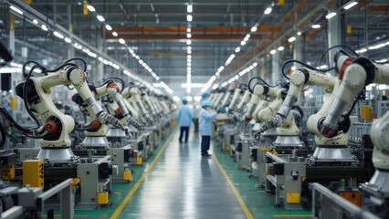 Naklejka premium Automated factory assembly line with robotic arms