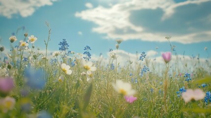 Idyllic wildflower meadow blooming beneath a blue sky with soft white clouds
