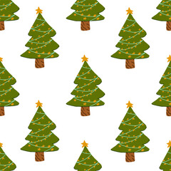 Christmas festive vector seamless pattern with hand drawn decorated cutie Christmas trees.