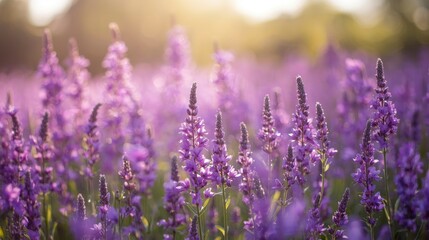 Fototapeta premium Serene Sunset Lavender Field Blooming Purple Flowers in Golden Light