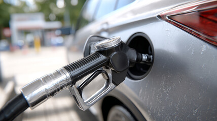 Close-up of a car being refueled at a gas station.
