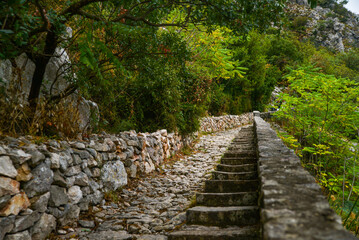 series of photos stone path in the mountains